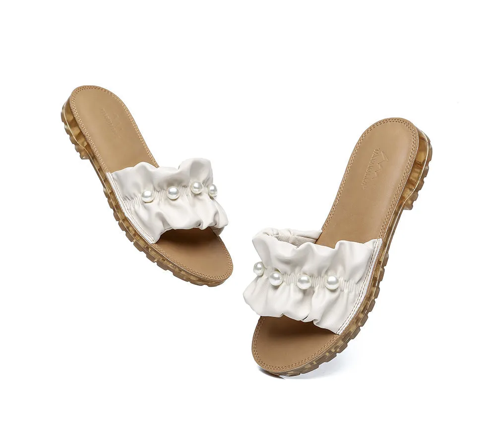 Leather Flat Slides With Pearls Women Linita