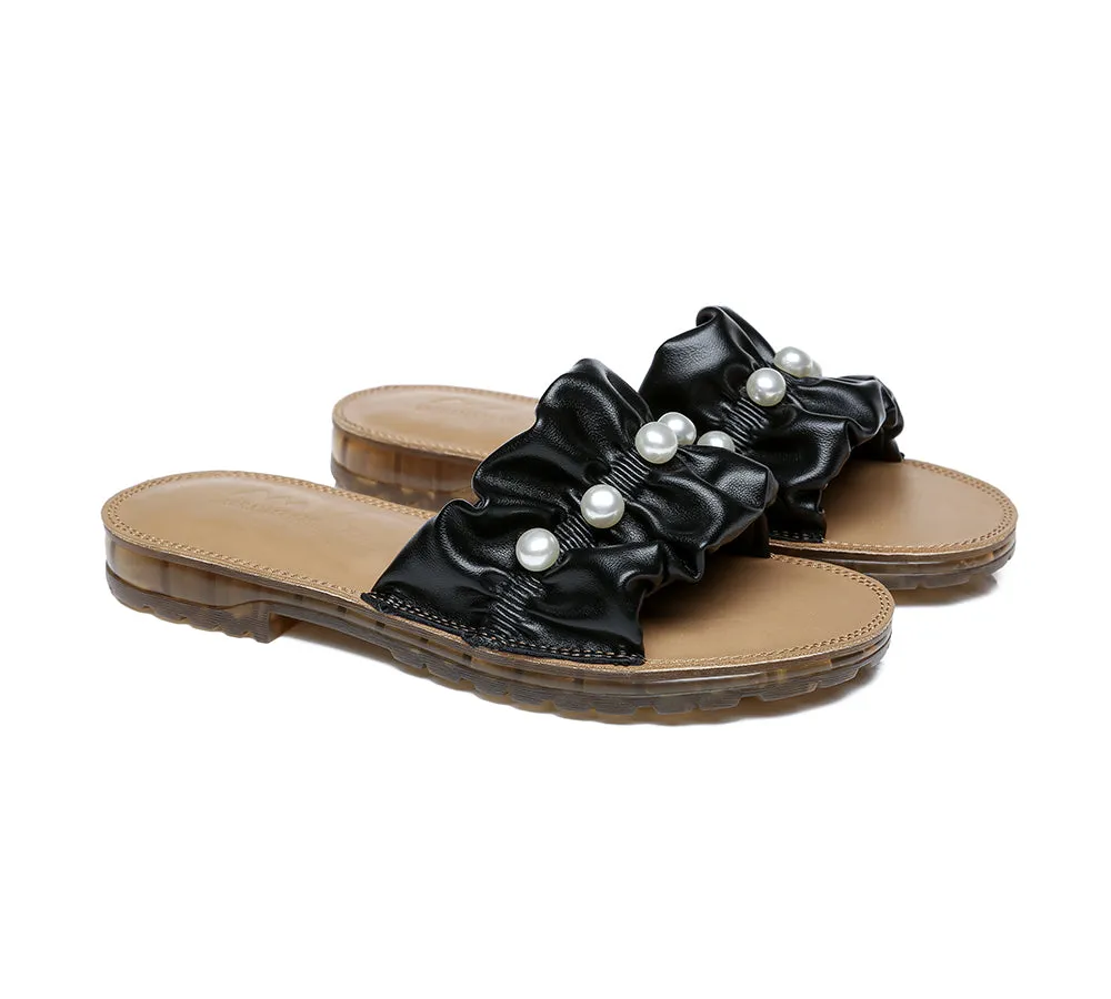 Leather Flat Slides With Pearls Women Linita