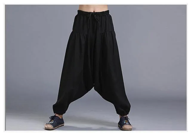 LZJN Men's Casual Pants Black Linen Cross Pants Coffee Crotch Pants For Male Long Trousers Flax Bottoms Pantalones Hombre Hosen