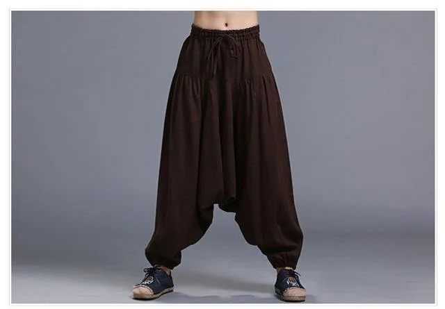 LZJN Men's Casual Pants Black Linen Cross Pants Coffee Crotch Pants For Male Long Trousers Flax Bottoms Pantalones Hombre Hosen