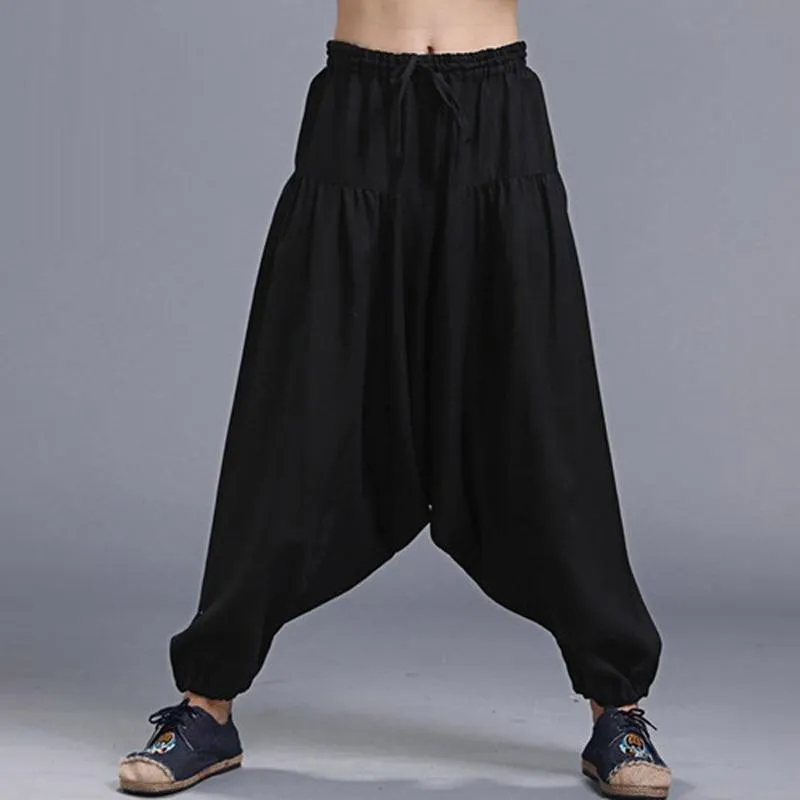 LZJN Men's Casual Pants Black Linen Cross Pants Coffee Crotch Pants For Male Long Trousers Flax Bottoms Pantalones Hombre Hosen