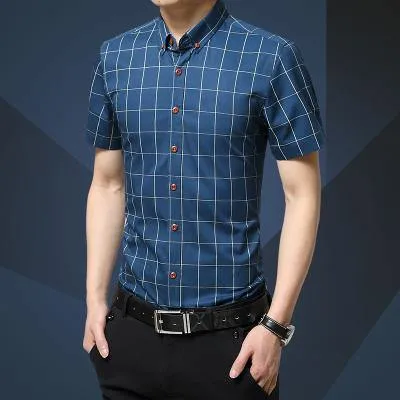 Men Shirt Men's Shorts Sleeve Slim Fit Checkered   Dress Shirt 2018 Summer Camisa Social Masculina Chemise Homme