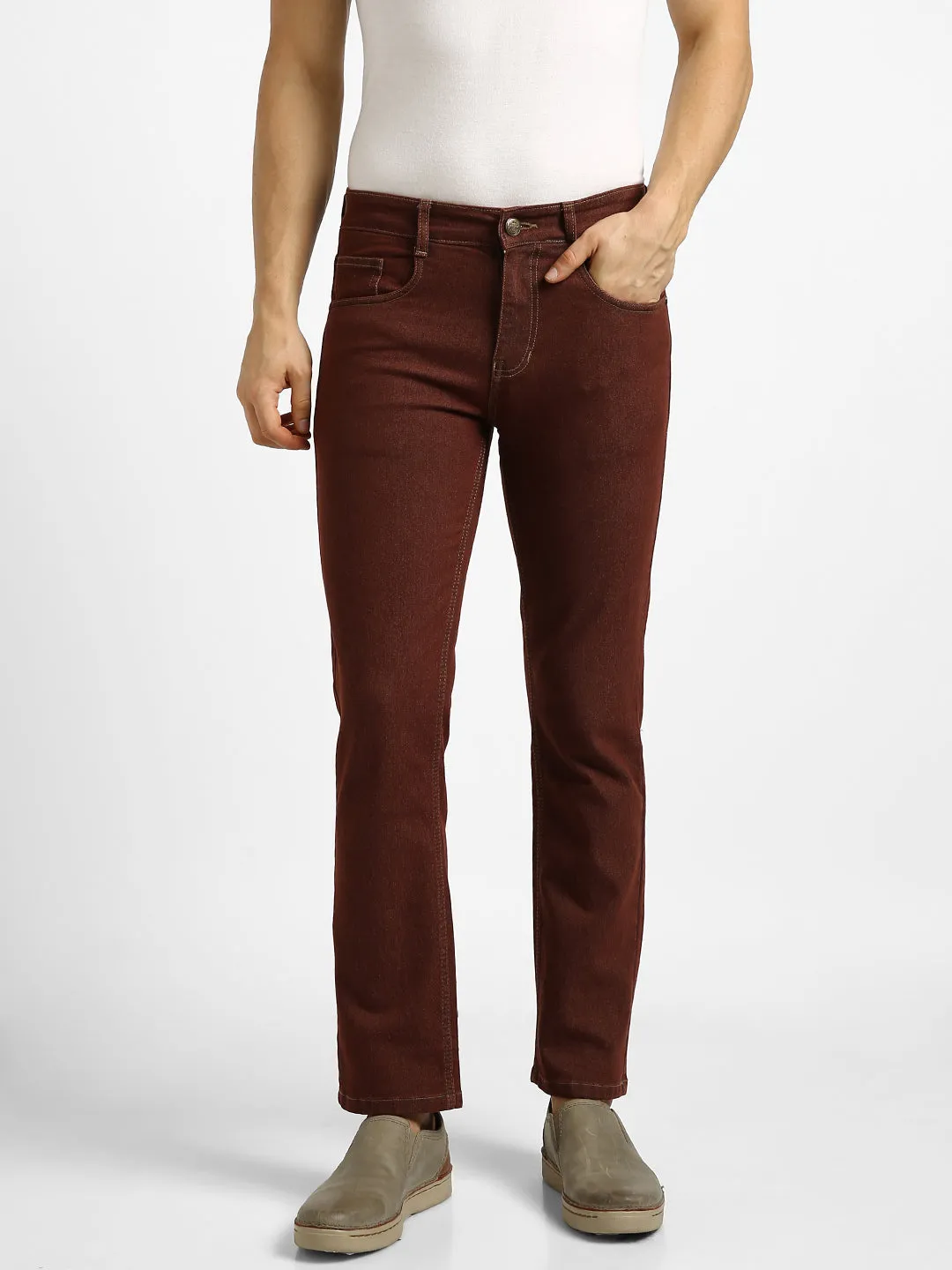 Men's Brown Regular Fit Washed Jeans Stretchable