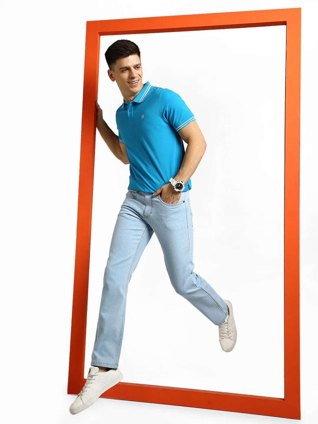 Men's Ice Blue Regular Fit Washed Jeans Stretchable