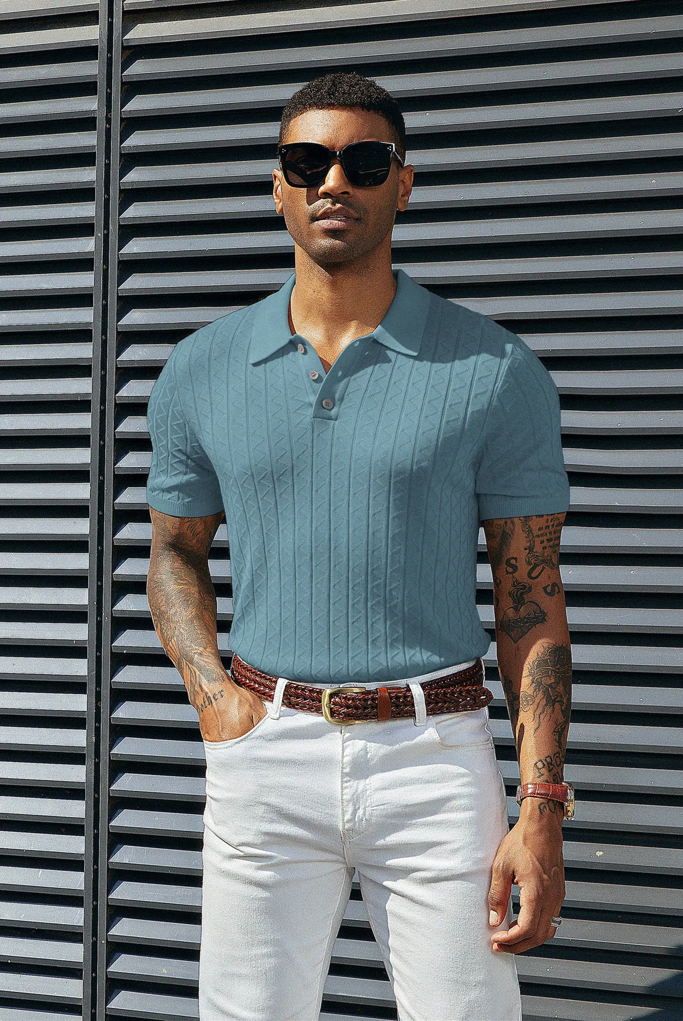 Mens Polo Shirts Short Sleeve Wavy Textured Knit Polo Shirts