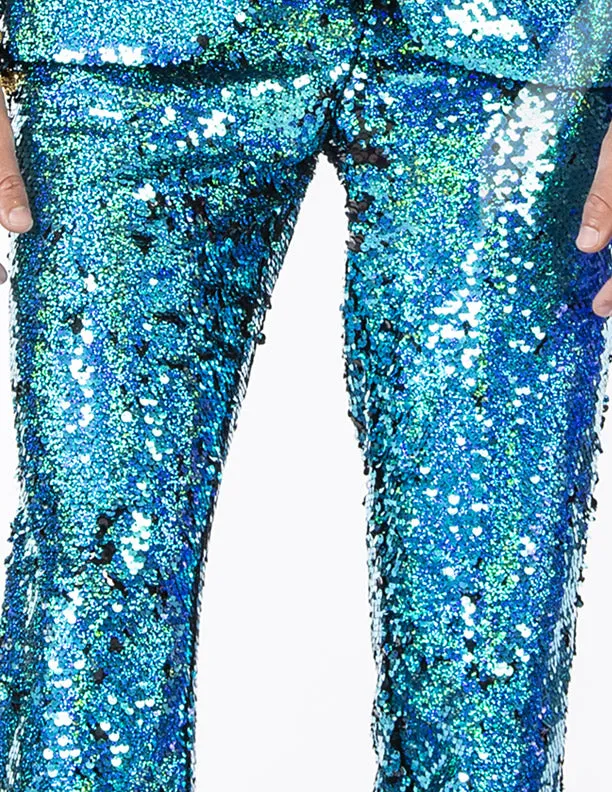 Mens Teal Sequin-Embellished Party Pants