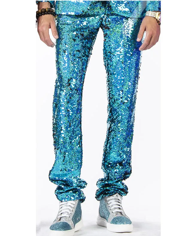 Mens Teal Sequin-Embellished Party Pants