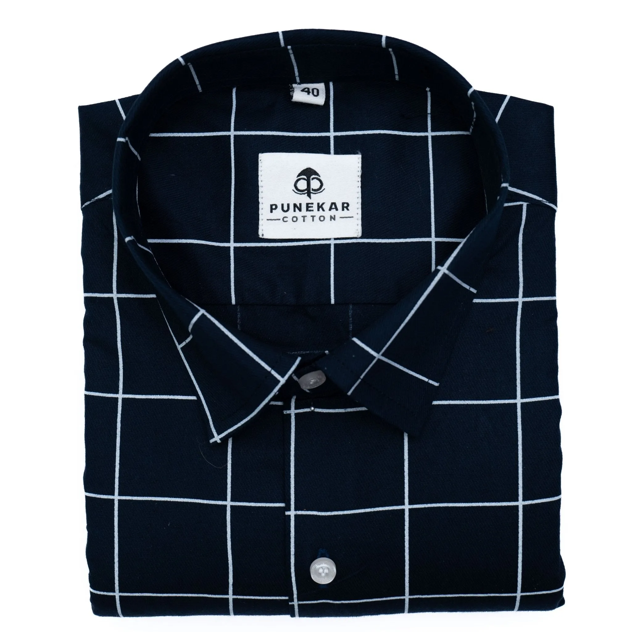 Navy Blue Color Big Checks Cotton Shirts For Men