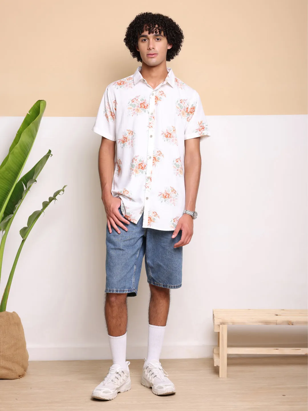 Orange Half Casual Printed Cotton Shirt Regular Fit For Man