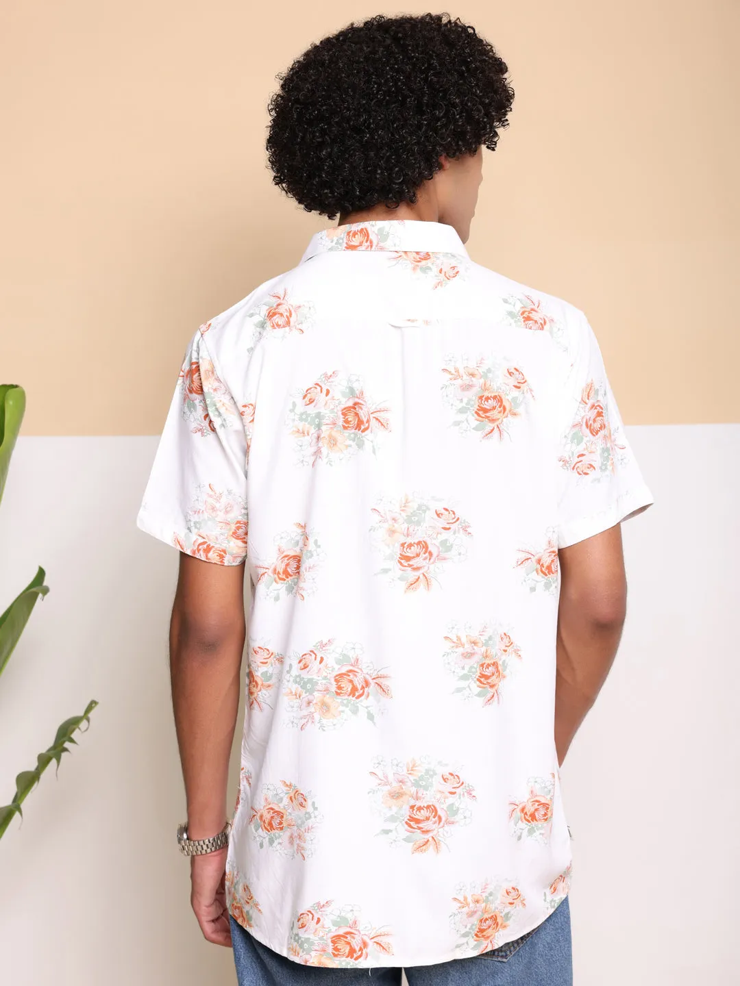 Orange Half Casual Printed Cotton Shirt Regular Fit For Man