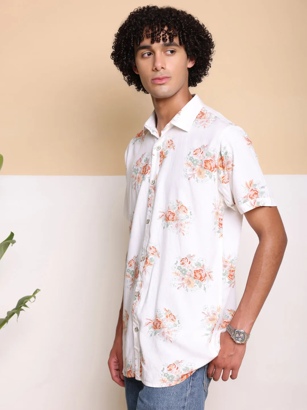 Orange Half Casual Printed Cotton Shirt Regular Fit For Man