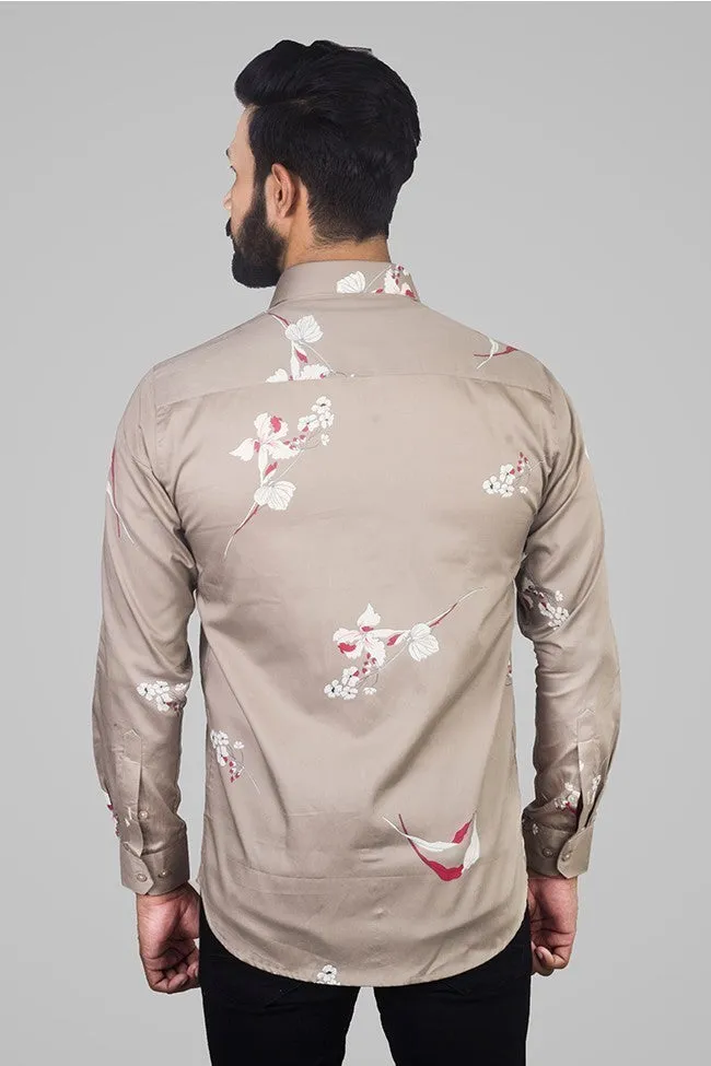 Printed Shirts for Men - Floral Print Cotton Shirt Brown