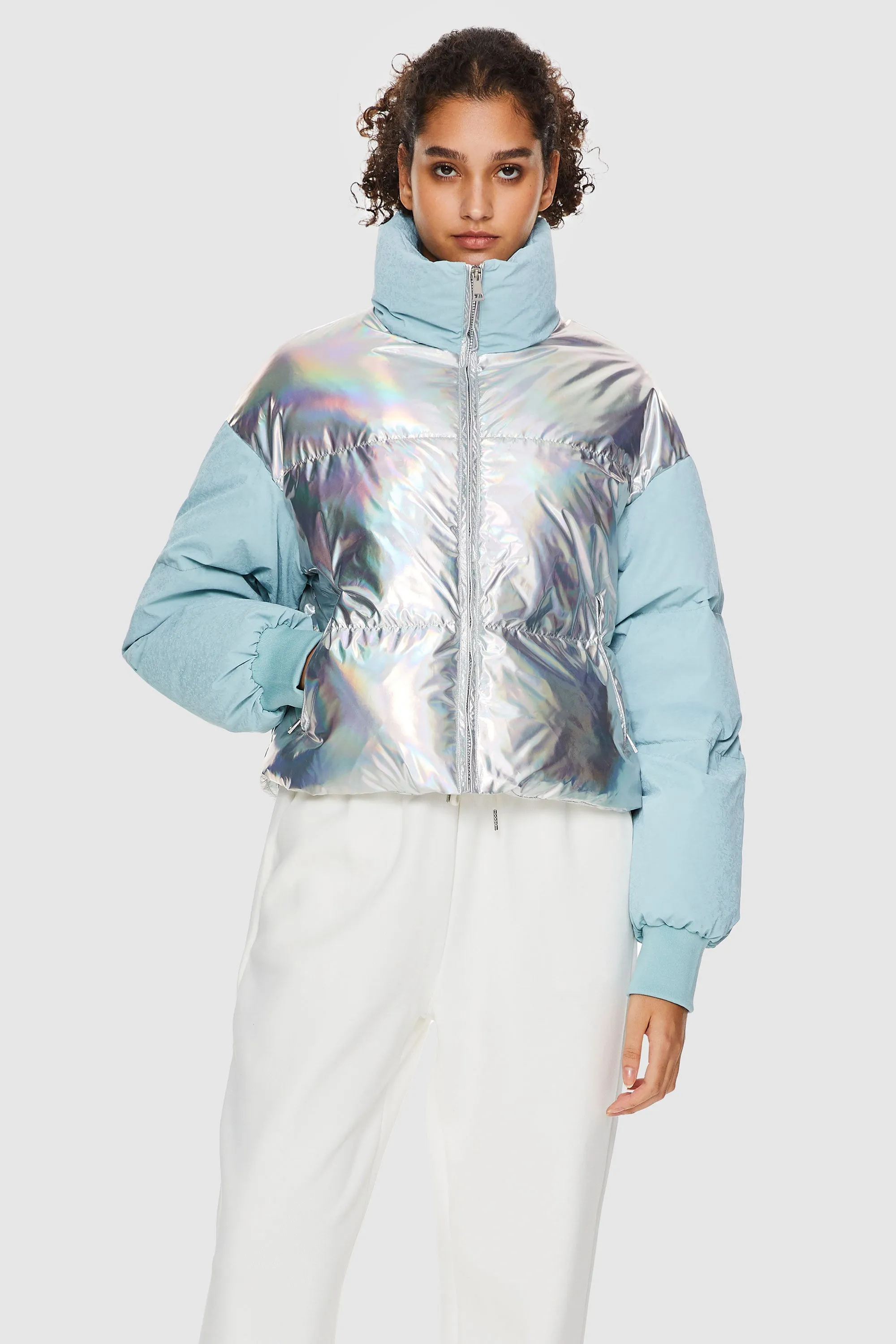 Puff-O Colorlay Lightweight Short Metallic Puffer Jacket - Sky Blue