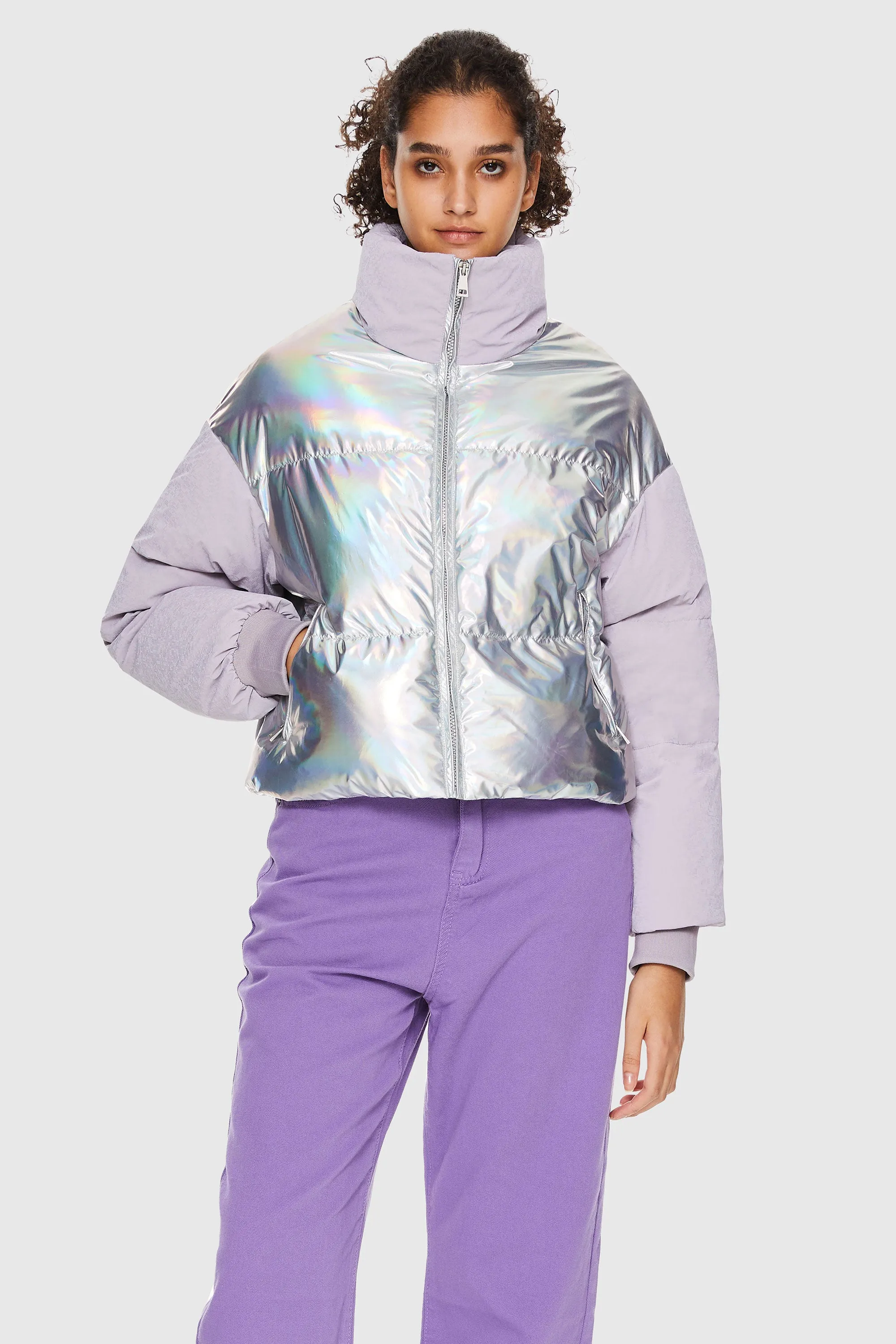 Puff-O Colorlay Lightweight Short Metallic Puffer Jacket - Sky Blue