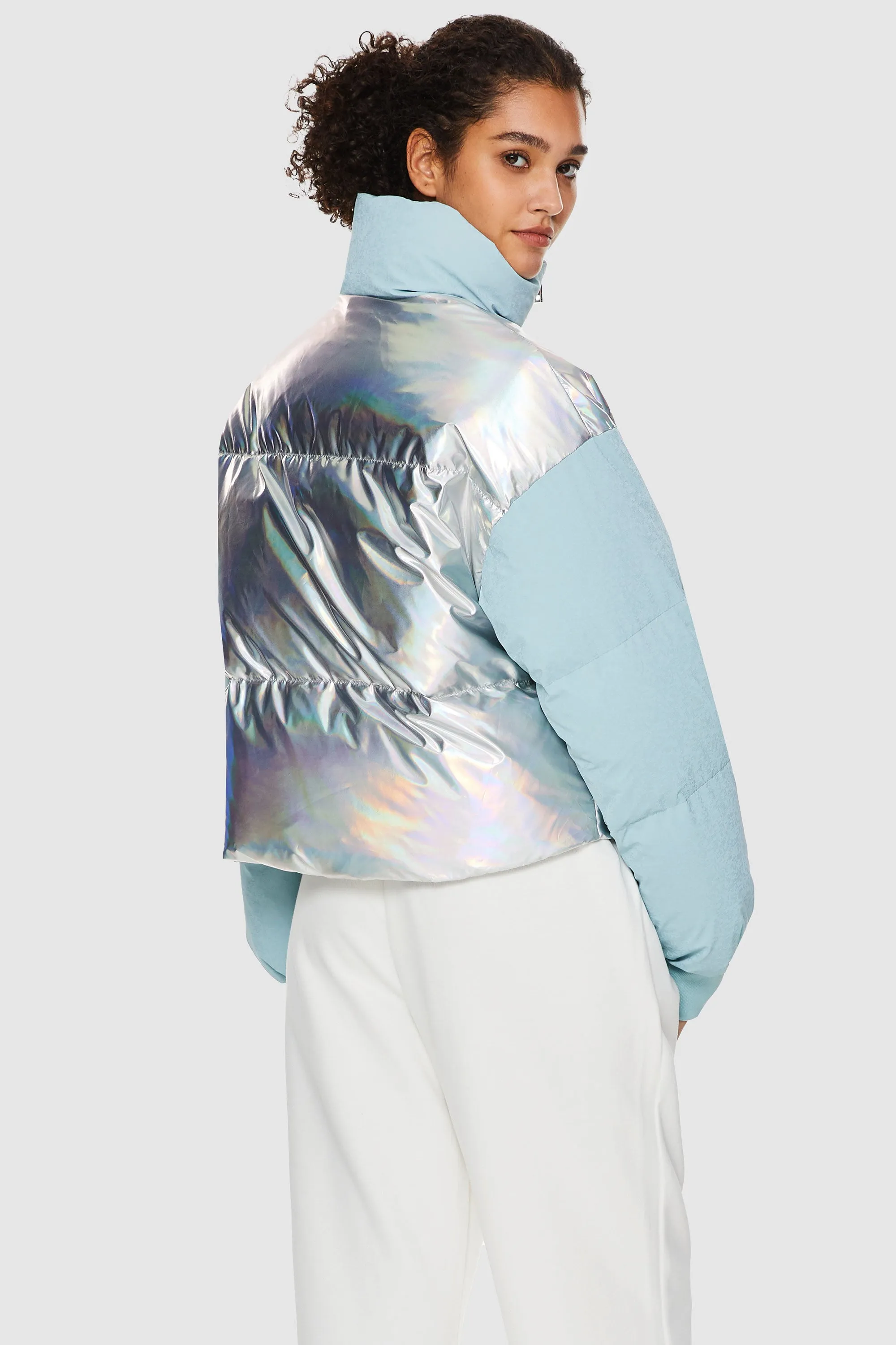 Puff-O Colorlay Lightweight Short Metallic Puffer Jacket - Sky Blue