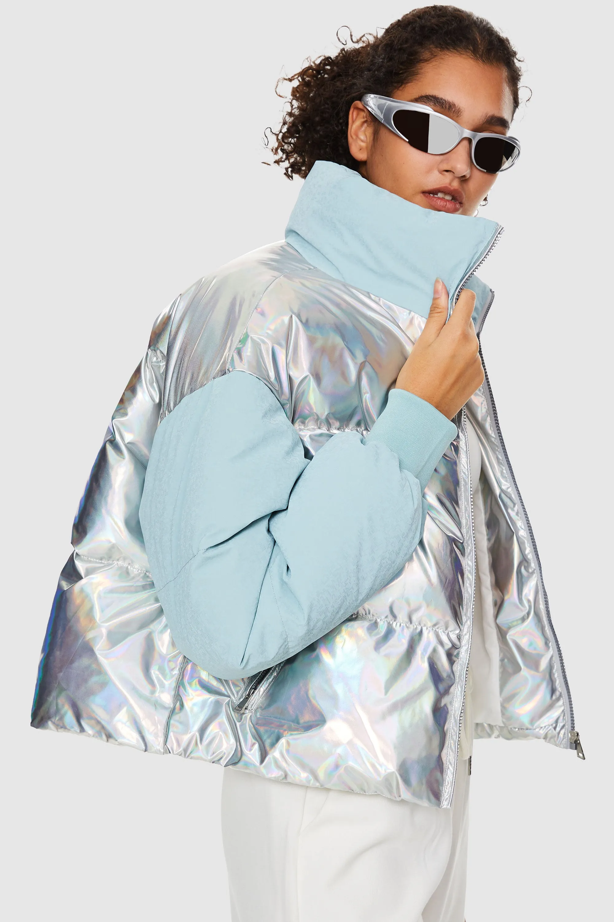 Puff-O Colorlay Lightweight Short Metallic Puffer Jacket - Sky Blue