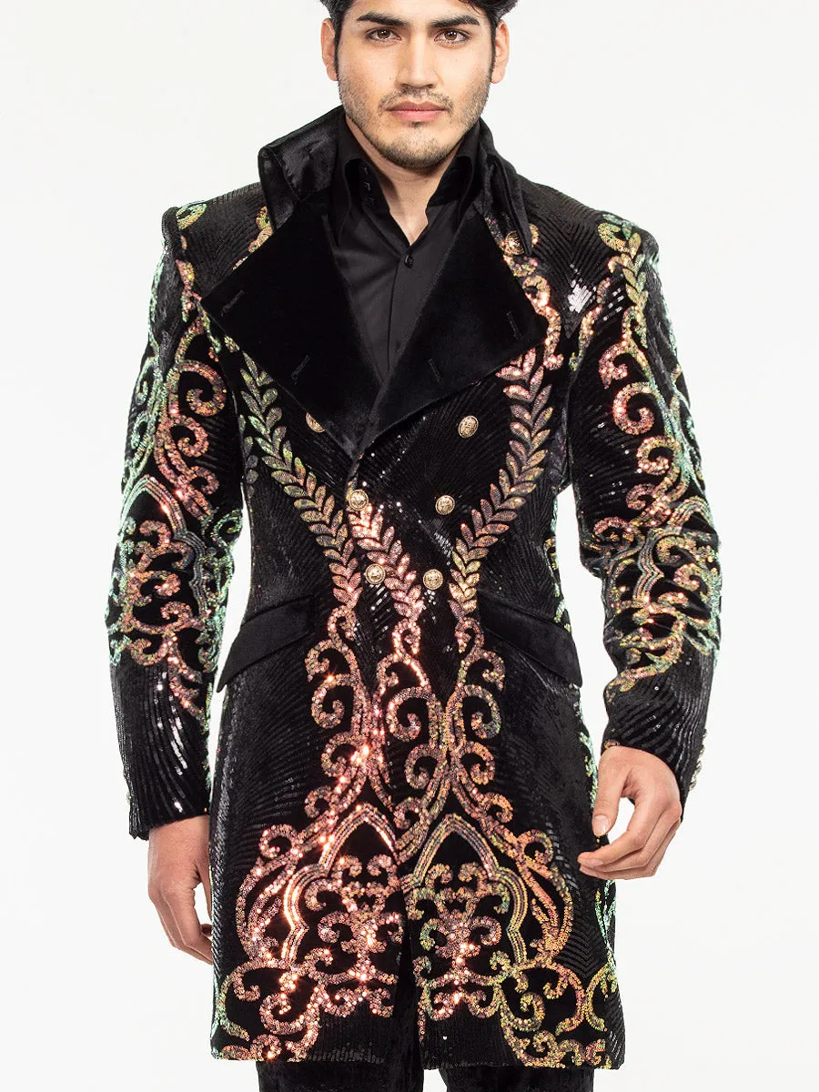 sequin coat men, long Jupiter gold/black