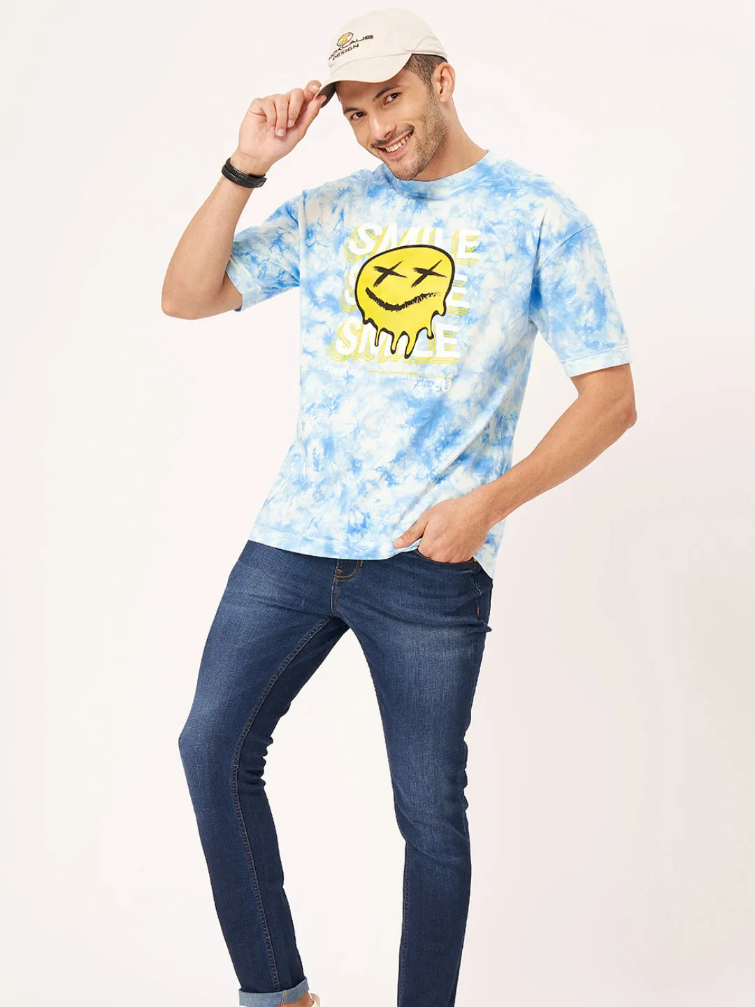 Sky Blue Printed Half Sleeve Tie-Dye T-shirt