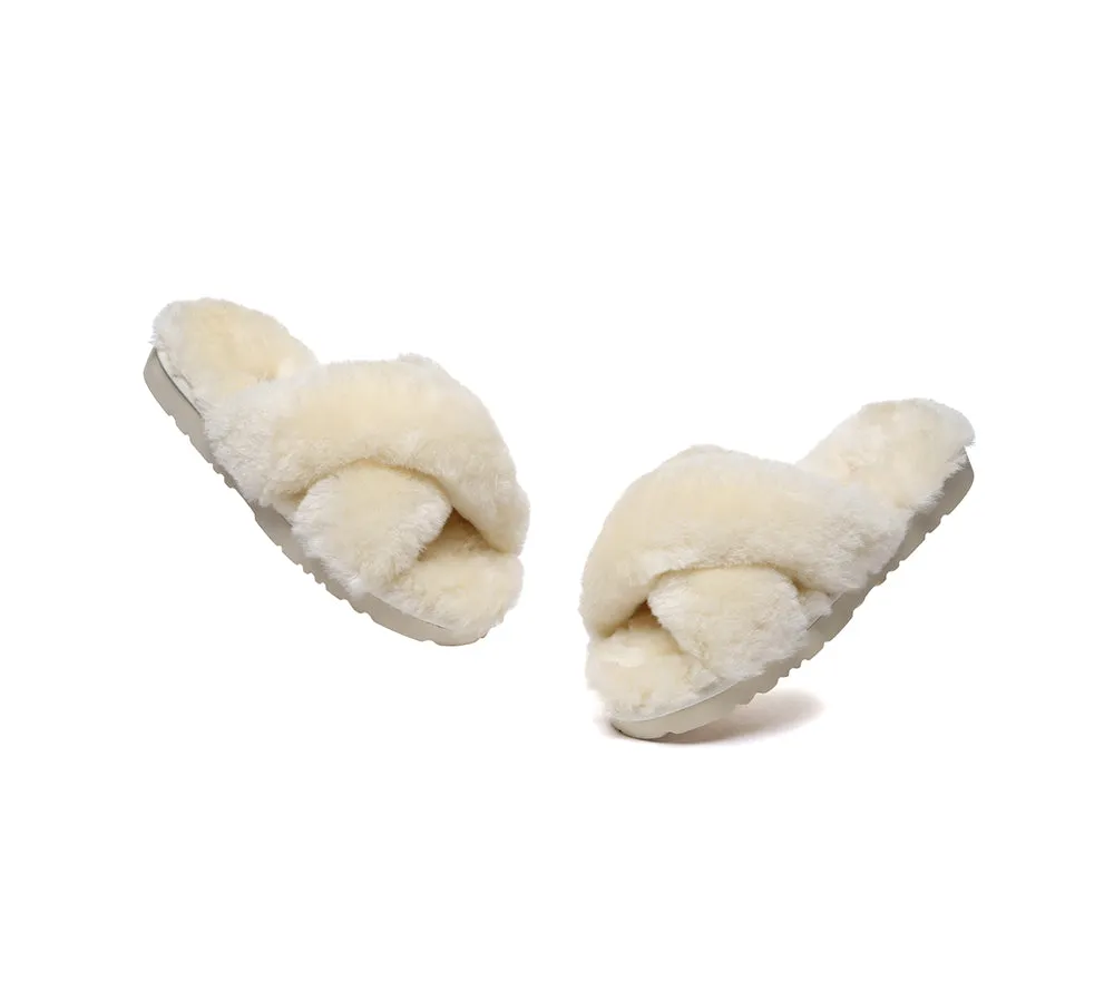 UGG Womens Luxurious Sheepskin Wool Crossover Leanna Slides - Fluffy & Comfortable Sandals