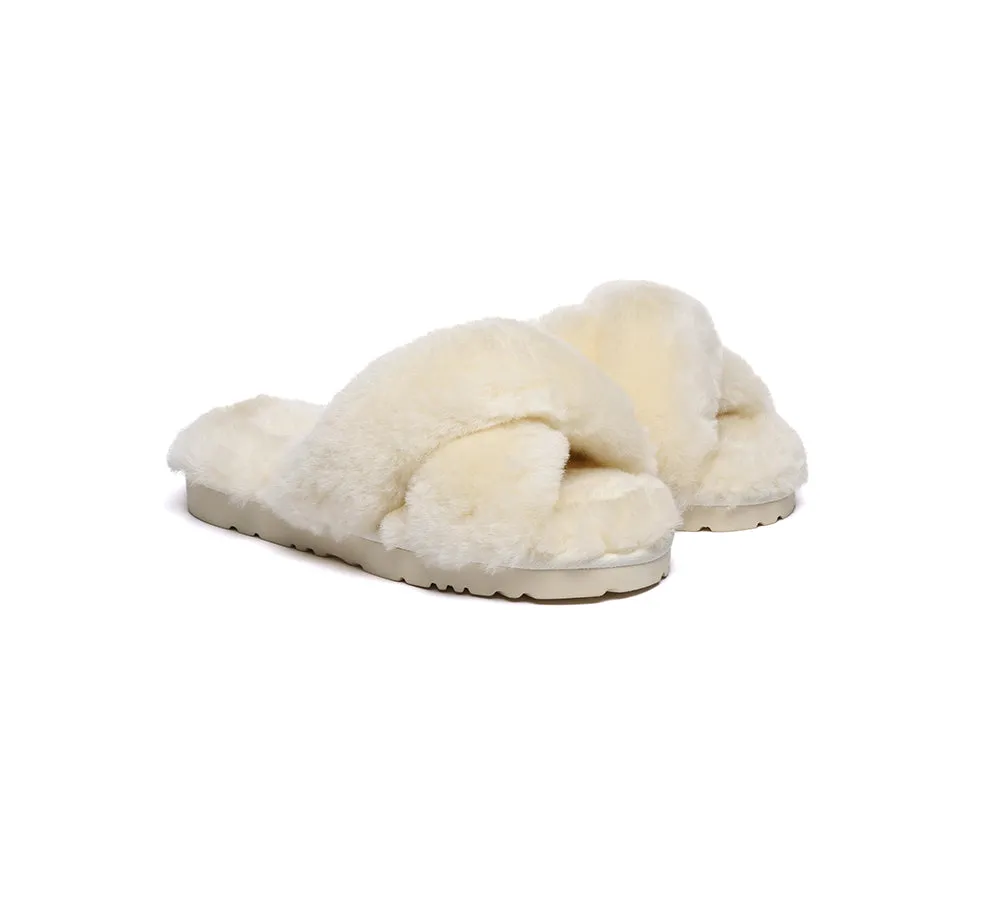 UGG Womens Luxurious Sheepskin Wool Crossover Leanna Slides - Fluffy & Comfortable Sandals