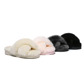 UGG Womens Luxurious Sheepskin Wool Crossover Leanna Slides - Fluffy & Comfortable Sandals