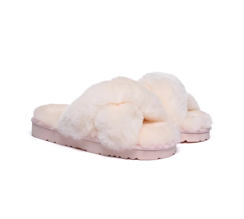 UGG Womens Luxurious Sheepskin Wool Crossover Leanna Slides - Fluffy & Comfortable Sandals