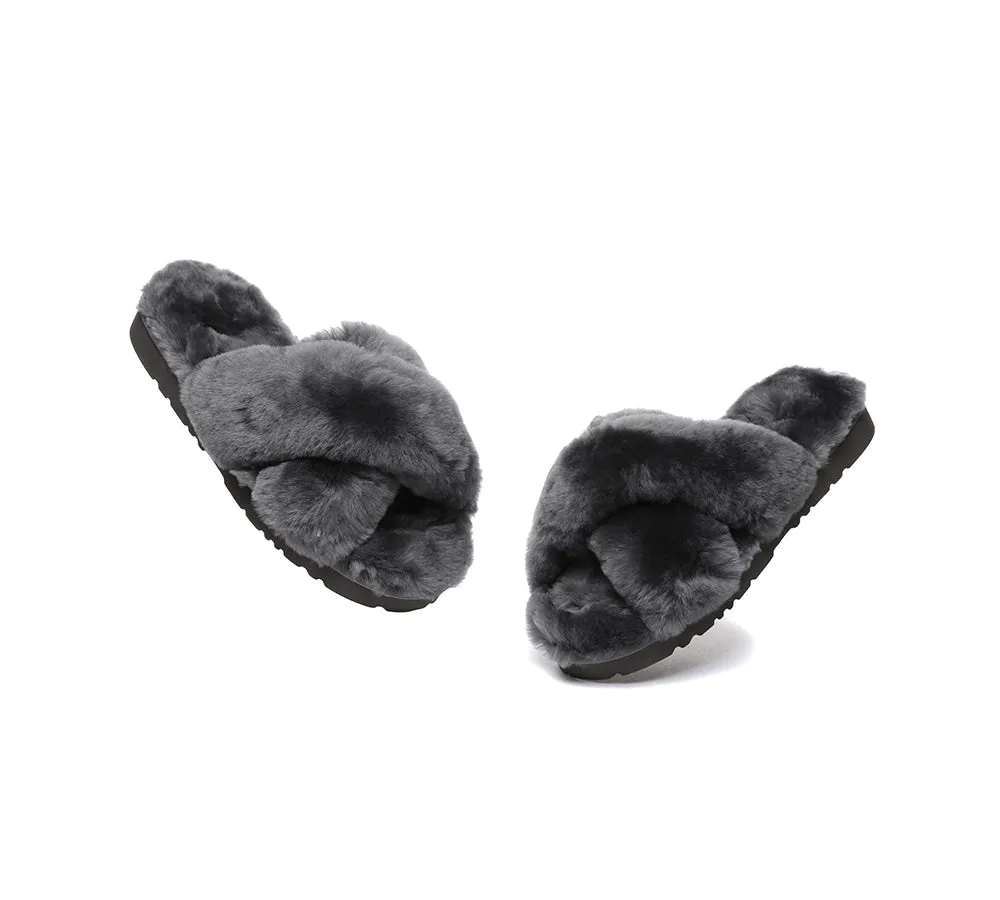 UGG Womens Luxurious Sheepskin Wool Crossover Leanna Slides - Fluffy & Comfortable Sandals