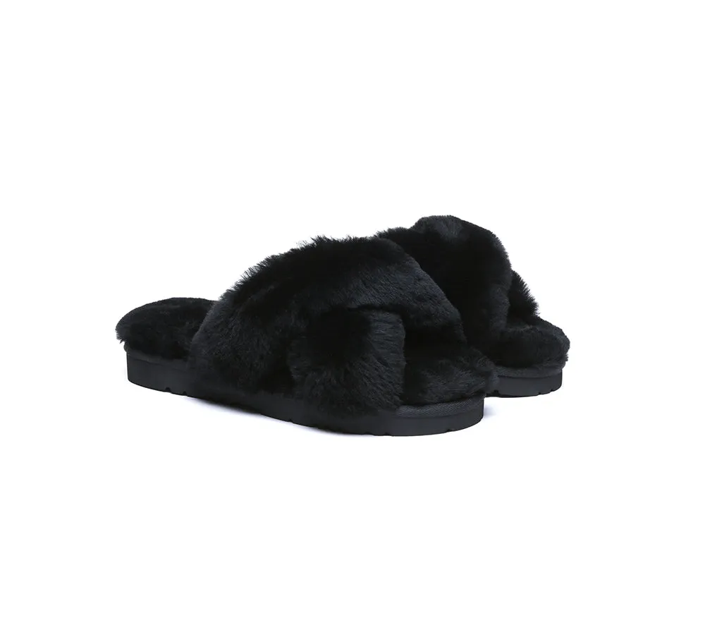 UGG Womens Luxurious Sheepskin Wool Crossover Leanna Slides - Fluffy & Comfortable Sandals