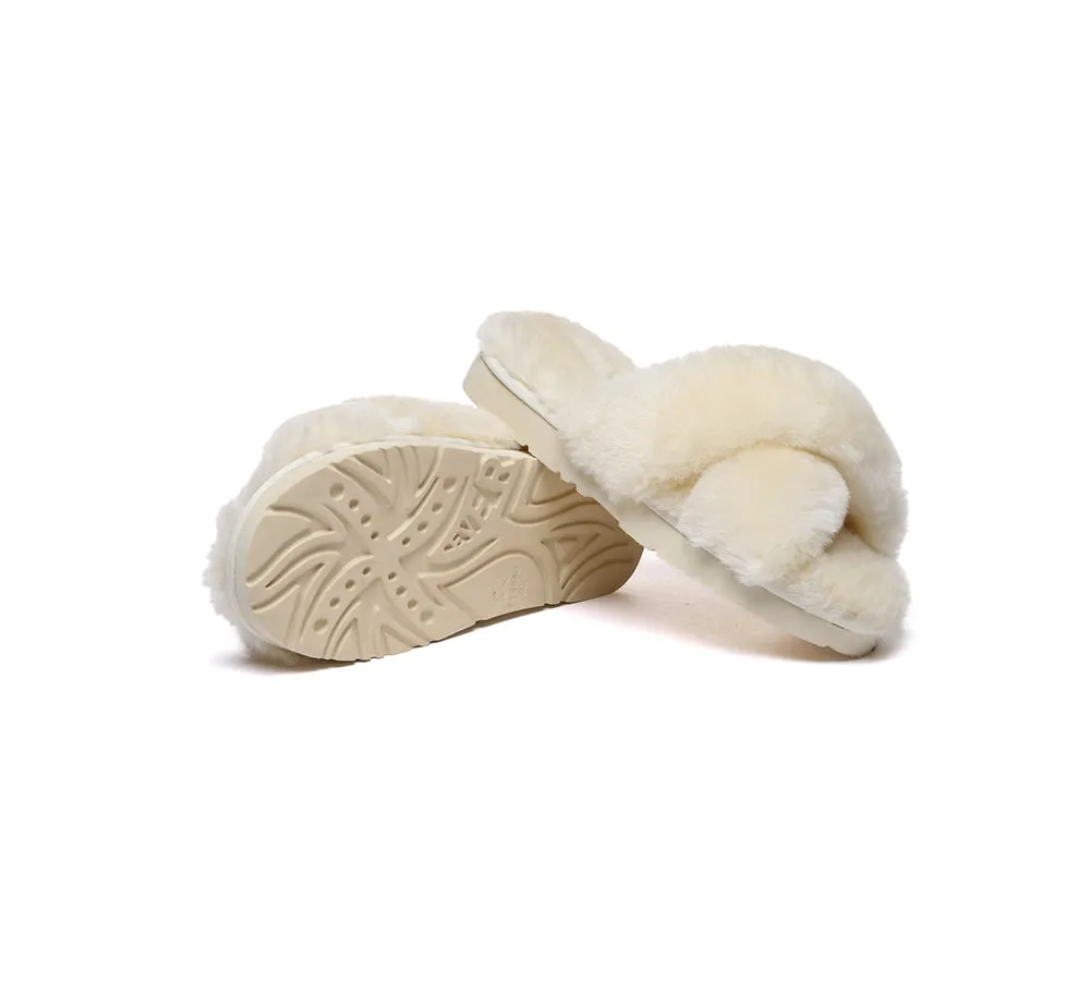 UGG Womens Luxurious Sheepskin Wool Crossover Leanna Slides - Fluffy & Comfortable Sandals