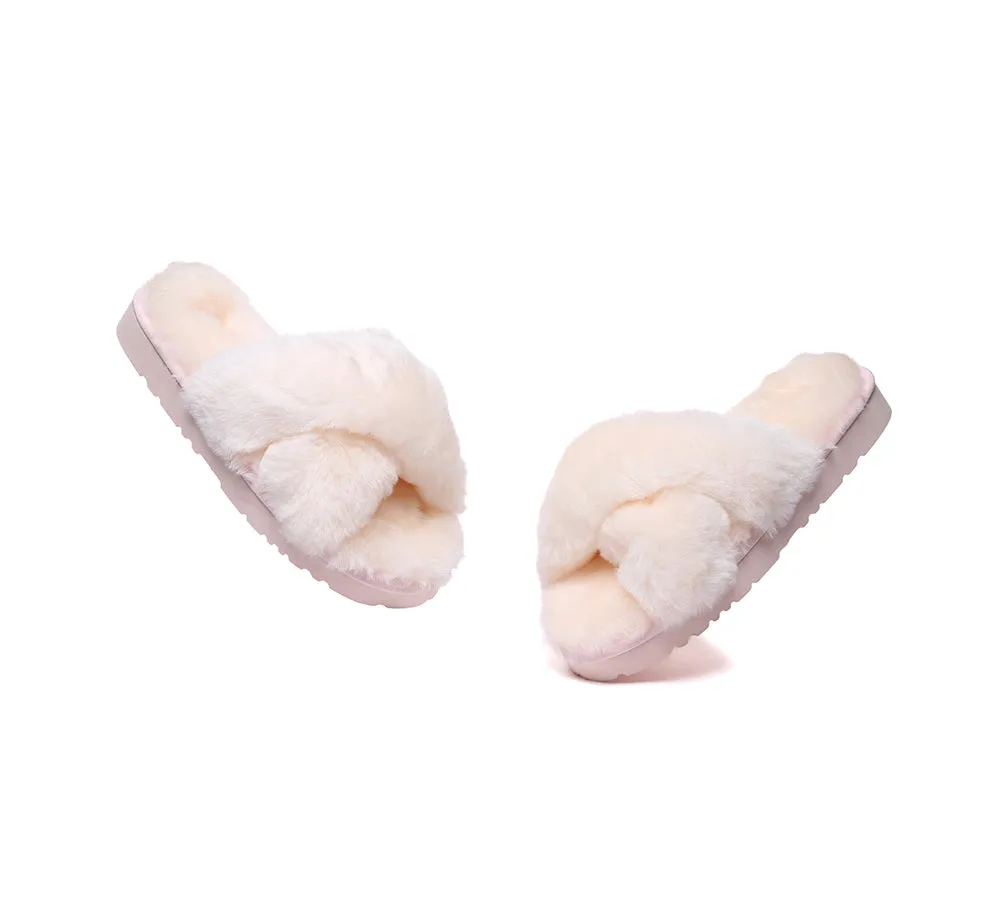 UGG Womens Luxurious Sheepskin Wool Crossover Leanna Slides - Fluffy & Comfortable Sandals