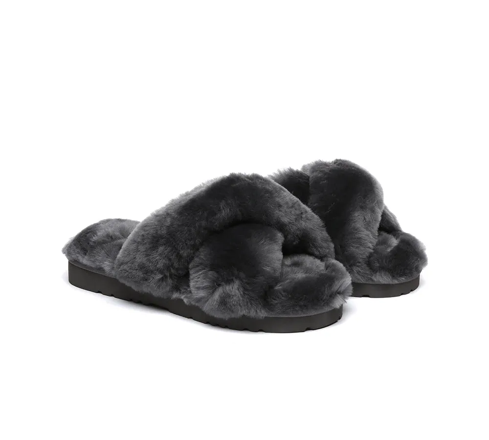 UGG Womens Luxurious Sheepskin Wool Crossover Leanna Slides - Fluffy & Comfortable Sandals