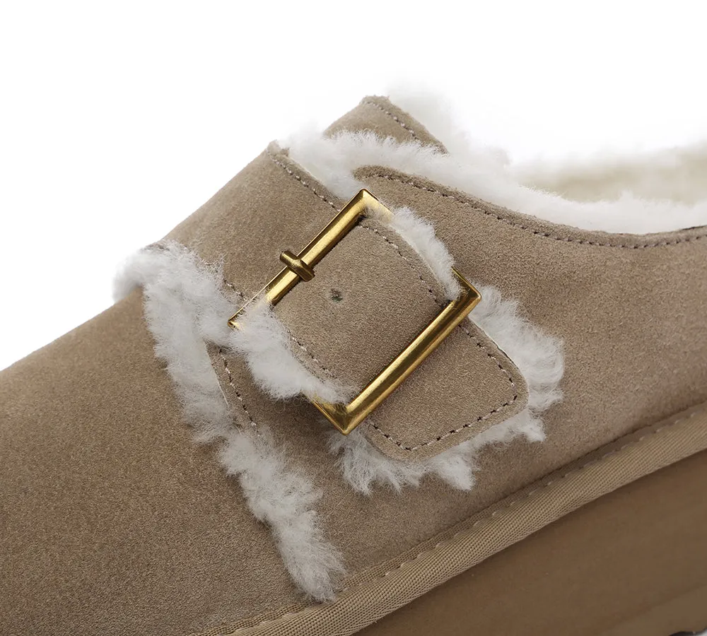 UGG Platform Slippers Sheepskin Wool Adjustable Buckle Ankle Booties Tobias