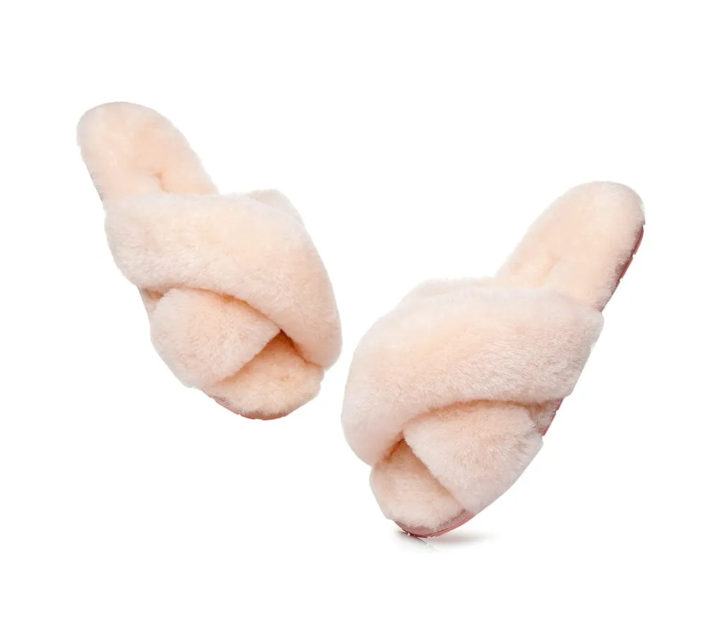 UGG Slides Sheepskin Wool Crossover Fluffy Slides Linty